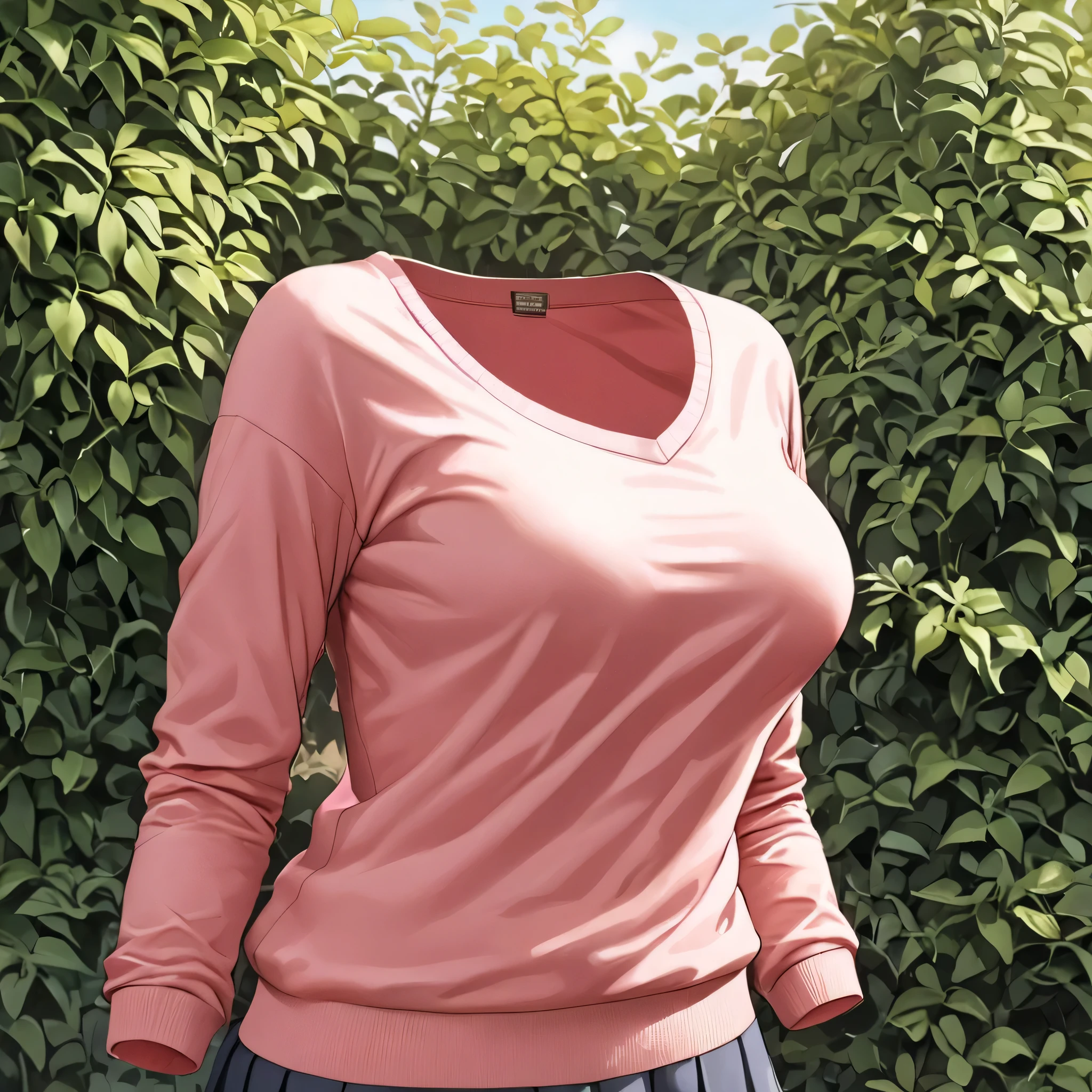(invisible:1.5, no humans:1.5, headless:1.5, faceless:1.5), (sweater, school uniform,relaxing in garden:1.2), (big breast), (best quality, masterpiece:1.2), ((detailed cloth texture, detailed anime, super fine illustration)), realistic, photo-realistic