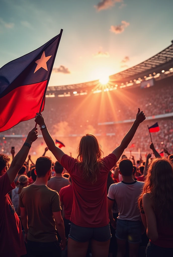 Create a group of 4 people 3 men and 1 woman with an average age of 15 years on a stage with a full stadium two men in the group have to have curly hair the other short, straight, black hair one of the men with curly hair must be of a dark skin tone and the girl straight hair and white skin complexion and they have a Chilean flag and they have clothes