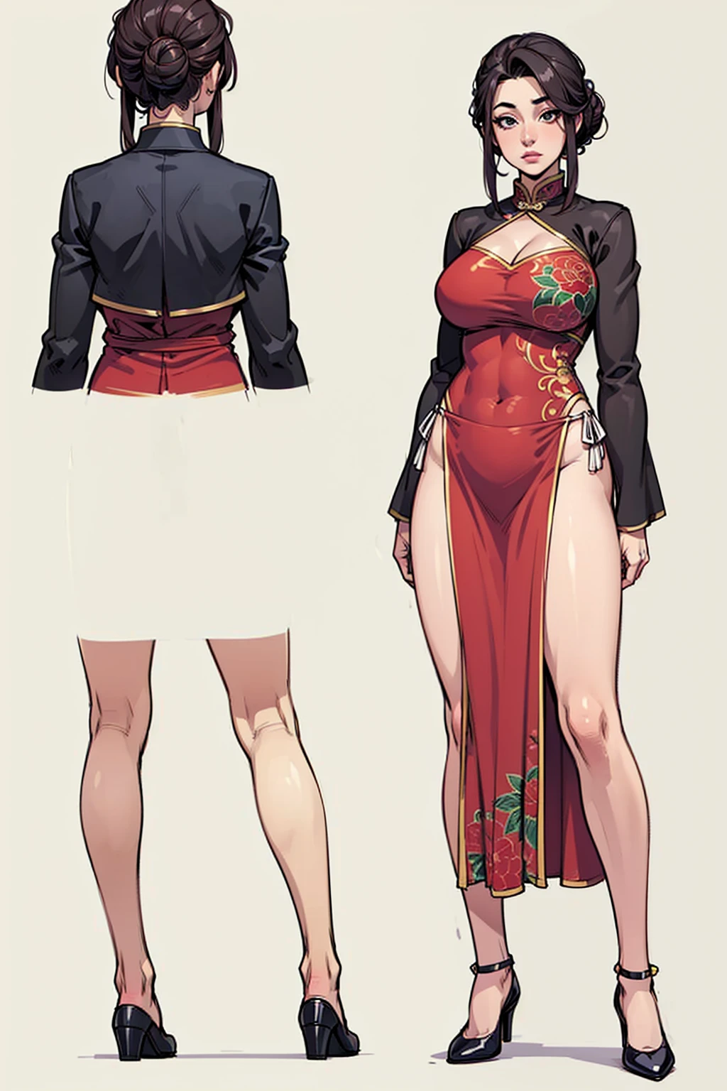 ((Best Quality)), ((Masterpiece)), ((Realistic)) 19 year old, redhead girl, shoulder length hair, relaxed happy face ((slender)) (busty), ((( cheongsam purple one piece swimsuit ))) ((sexy )) corkscrew hairstyle (((detailed character sheet, frontal view, side view, three quarter view))) (((white background))) 6 and a half heads full body