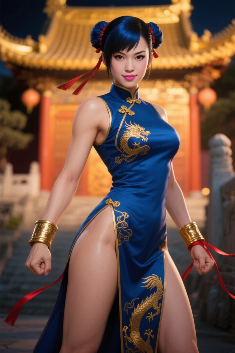(masterpiece: 1.2), (high Quality), 1girl, solo, standing, fight pose, chun li, chinese fighter, Chinese martial arts, kung fu, hair in braids, black hair, bangs, qipao dress, blue and white and gold motif colour, chinese dress, no pants, no panties, naked bottom, hairy pussy, pussy hair, seen vagina with hairy, high sock, black sock, thigh sock, black boot, UHD quality, looking at the viewer, ultra detailed, all real, image quality 8k, 70mm camera lens, 8k ultra