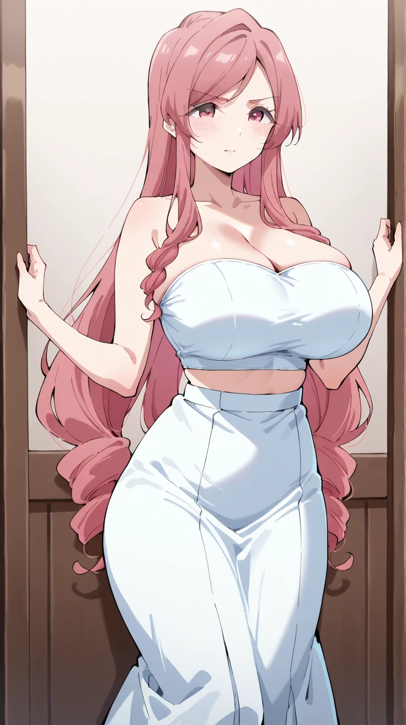 perfect eyes:1.2, detailed eyes:1.4, hall, smile, chandelier, medium hair, Kurayoshi_R, cleavage, large breasts, white dress, pelvic curtain, long dress, medium full shot, thigh-level shot, 1girl,(masterpiece:1.6, best quality),