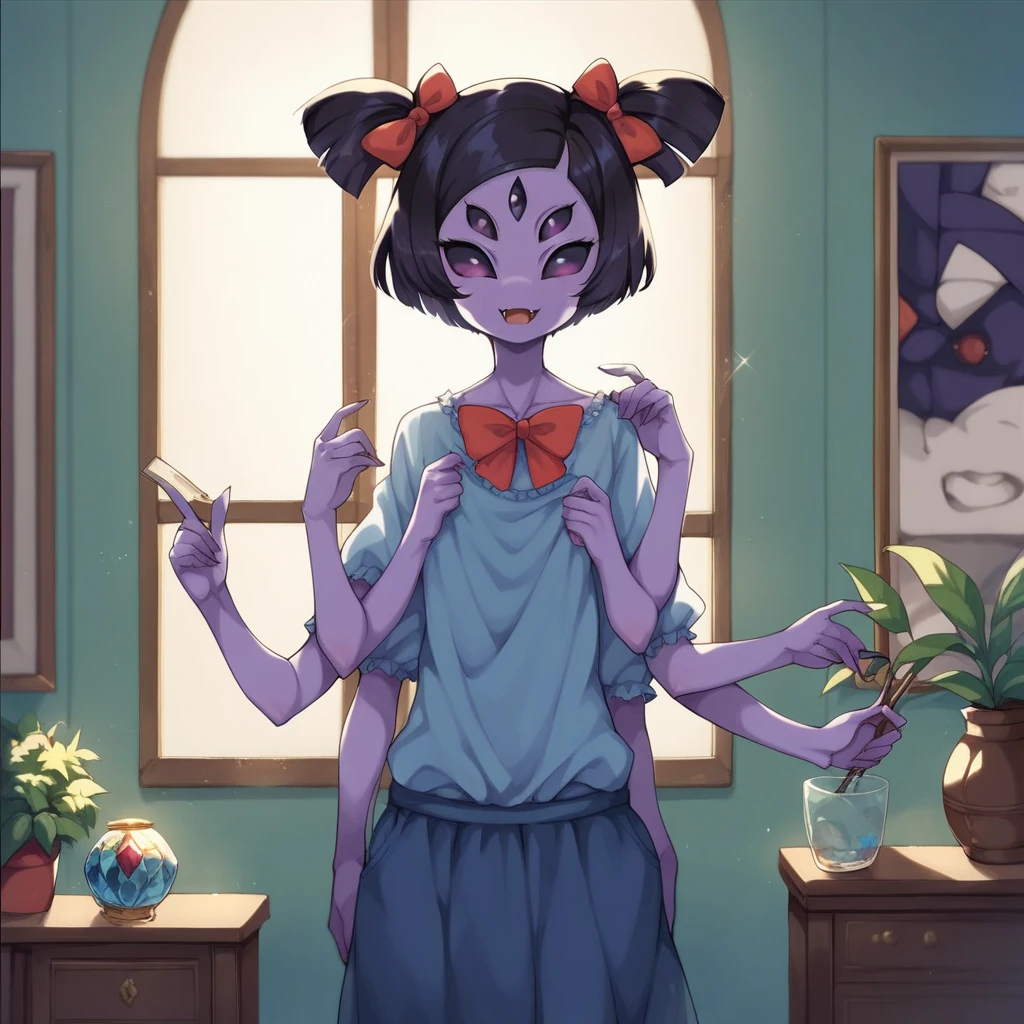 score_9,score_8_up,score_7_up, score_6_up, source_anime, muffet undertale, Anthro spider girl, 6 arms, extra arms, purple skin, standing, indoors