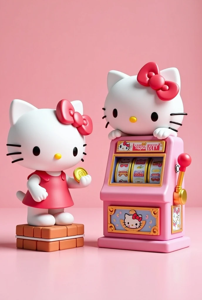 A whimsical and charming 3D illustration of Doraemon, the beloved robotic cat, playfully interacting with a miniature slot machine. Doraemon stands on a small brick pedestal to the left of the slot machine, holding a golden coin in his outstretched hand, seemingly about to insert it. The slot machine is detailed with vibrant colors and Doraemon-themed graphics, featuring images of Doraemon and Dorami. The background is a soft, dark blue, drawing focus to the brightly colored scene. The overall style is cute, cartoonish, and evokes a sense of fun and nostalgia. The lighting is soft and even, highlighting the textures and details of the characters and the machine.