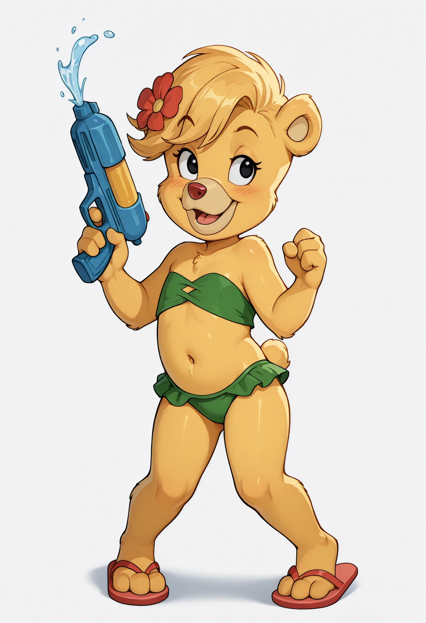 score_9, score_8_up, score_7_up, (masterpiece, best quality, very aesthetic, absurdres, source furry, artist:sakura, shaded,) 1girl, bear, furry female, Sunni Gummi, young, black eyes, smile, blush, blonde hair, messy bangs, bear features, bear ears, bear tail, yellow body fur, red animal nose, ((flower on hair, green bundeau strapless frilly bikini, flip flops)), white background, simple background, sassy face, anime style, glistering body, navel, shiny body, oily skin, sexy, full body, feets with three toes, action stance, holding weapon, water pistol, confident, raised eyebrow, ready to fight, jumping, jump, whimiscal, fun, playful,