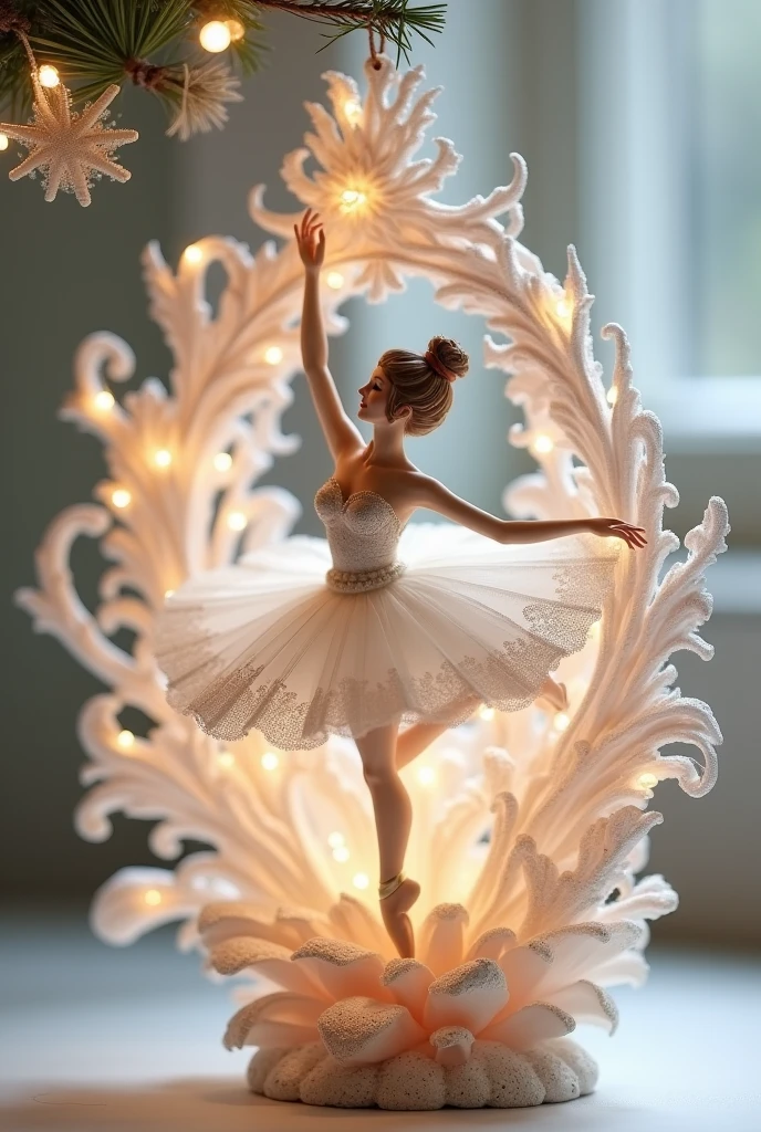 An action figure of a ballet dancer in white tutu doing a split in the air. A thin and invisible metal support holds the ballerina. The action figure is resting on a black plastic pedestal on a wooden table. (On the pedestal there is the inscription: "Grand Jeté" engraved on a gold plate). In background the eye of a boy looking the ballerina. Cinematic lights. Masterpiece, best quality, 8K, photo realistic, wallpaper, wallpaper 8k, photographic contest winner, Hyperrealistic art cinematic film still photography in the style of detailed hyperrealism photoshoot. [Entire scene is surrounded by lights, evoking a magical and eerie atmosphere. The lighting is bright and atmospheric, with smoke adding a touch of sinister ambiance. Best quality image, HDR enhancement, showcasing the utmost level of detail and realism]. [8K, Best Quality, Ultra High Resolution, (highly detailed CG unity 8k wallpaper), (best photo), (best shadows), isometric 3D, octane rendering, ray tracing, highly detailed, (Best quality, 4K, 8k:1.2), absurdity, ultra detailed, (realistic, photorealistic, photorealistic:1.37), complex parts, HDR, (complex parts:1.12), (hyper detailed, hyper realistic, Soft lighting, spicy:1.2), (complex parts, Hyper detailed:1.15). Blurred foreground. (backlit), masterpiece, high quality, brightness, chromatic aberration, foggy smoke, shadows, contrast, clear sky, (warm hue, warm tone), high details, natural reflections].