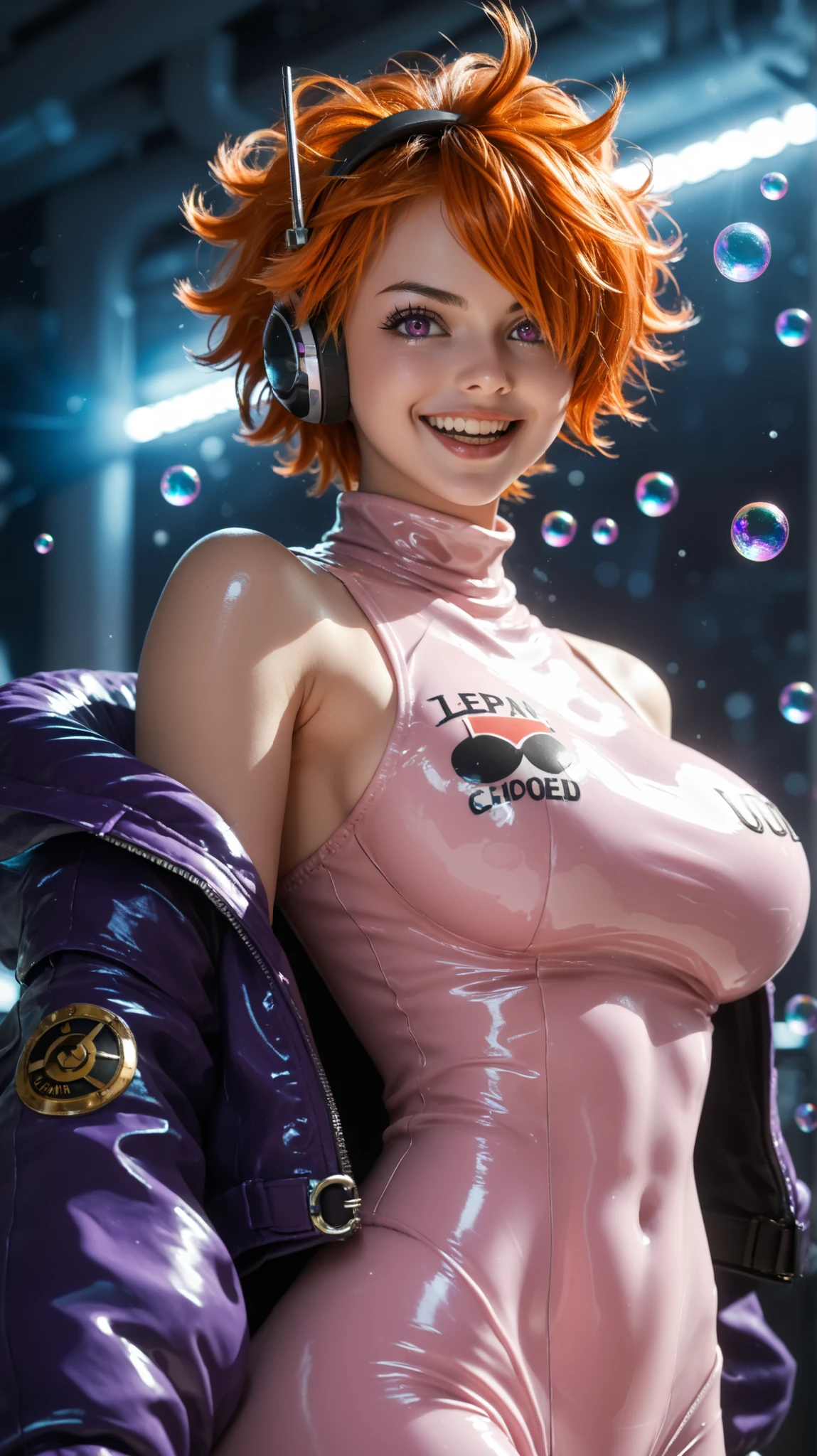 2d, anime, anime style, egghead outfit, 1girl, solo, large breasts, looking at viewer, dynamic pose, confident smile, short messy hair, open mouth, bubble effects, soft lighting, glossy bodysuit, futuristic jacket off shoulders, black gloves, headphones, vegapunk lilith, pink tight egghead bodysuit, purple jacket with "02" patch, hair over one eye, toned body, orange hair, violet eyes, Korean style cosplay, beautiful lighting, soft shadows, shiny texture, background with floating bubbles, sci-fi style, vibrant colors, anime girl, 5, energetic expression