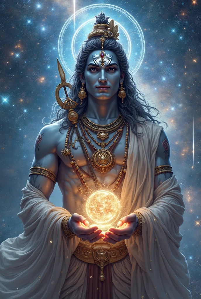 (photorealism:1.2)Create a majestic image of Lord Shiva, the Almighty Creator, depicted in a divine and serene pose. He should have a calm and powerful expression, with closed eyes and a peaceful smile, symbolizing his supreme control over the universe. His body is adorned with traditional ornaments, a crescent moon on his forehead, and a flowing blue scarf. In his hands, he is holding several planets, each glowing with its own light, representing his role as the creator and protector of the cosmos. The background should be a cosmic scene, with swirling galaxies, stars, and nebulae, emphasizing his connection with the universe. The overall color scheme should be mystical, with deep blues, purples, and hints of gold."