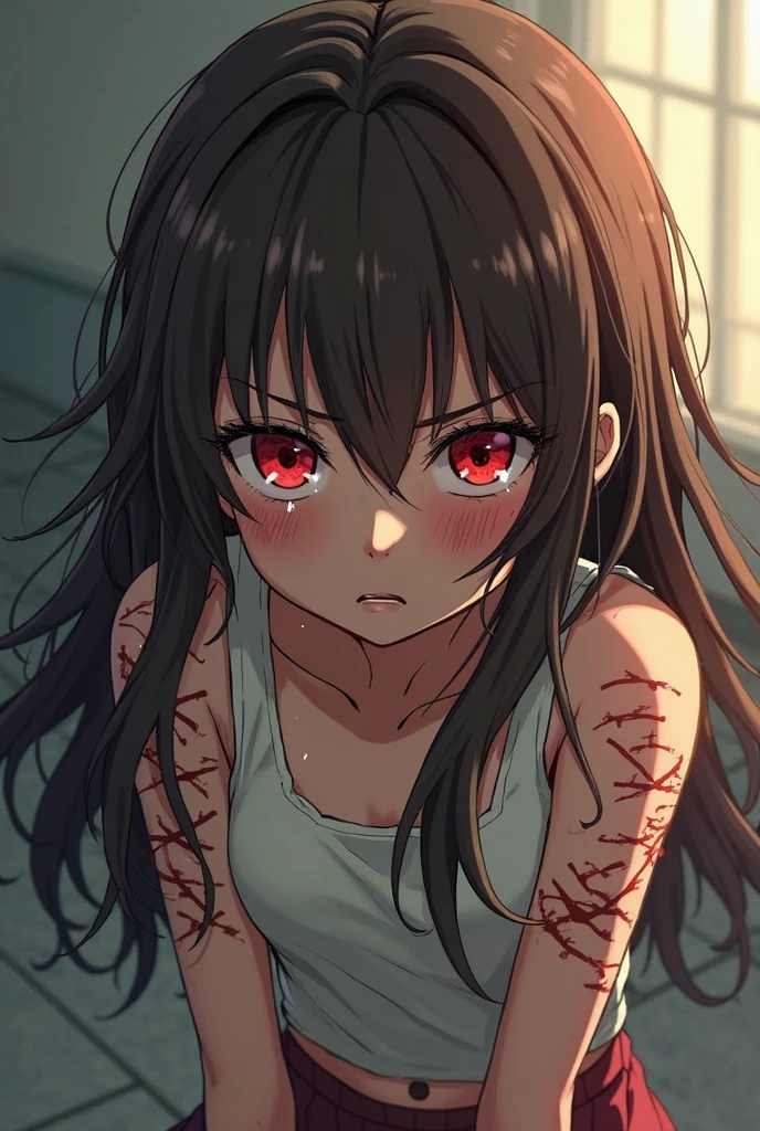 masterpiece, best quality, 1 girl, supine, lying face down on the floor, pale skin, messy hair, red eyes, glowing eyes, creepy, creepy smile, crazy expression, blood on face, blood on clothes, naked, creepy, scary, blood, horror, light particles, night, iron bracelets with chains,