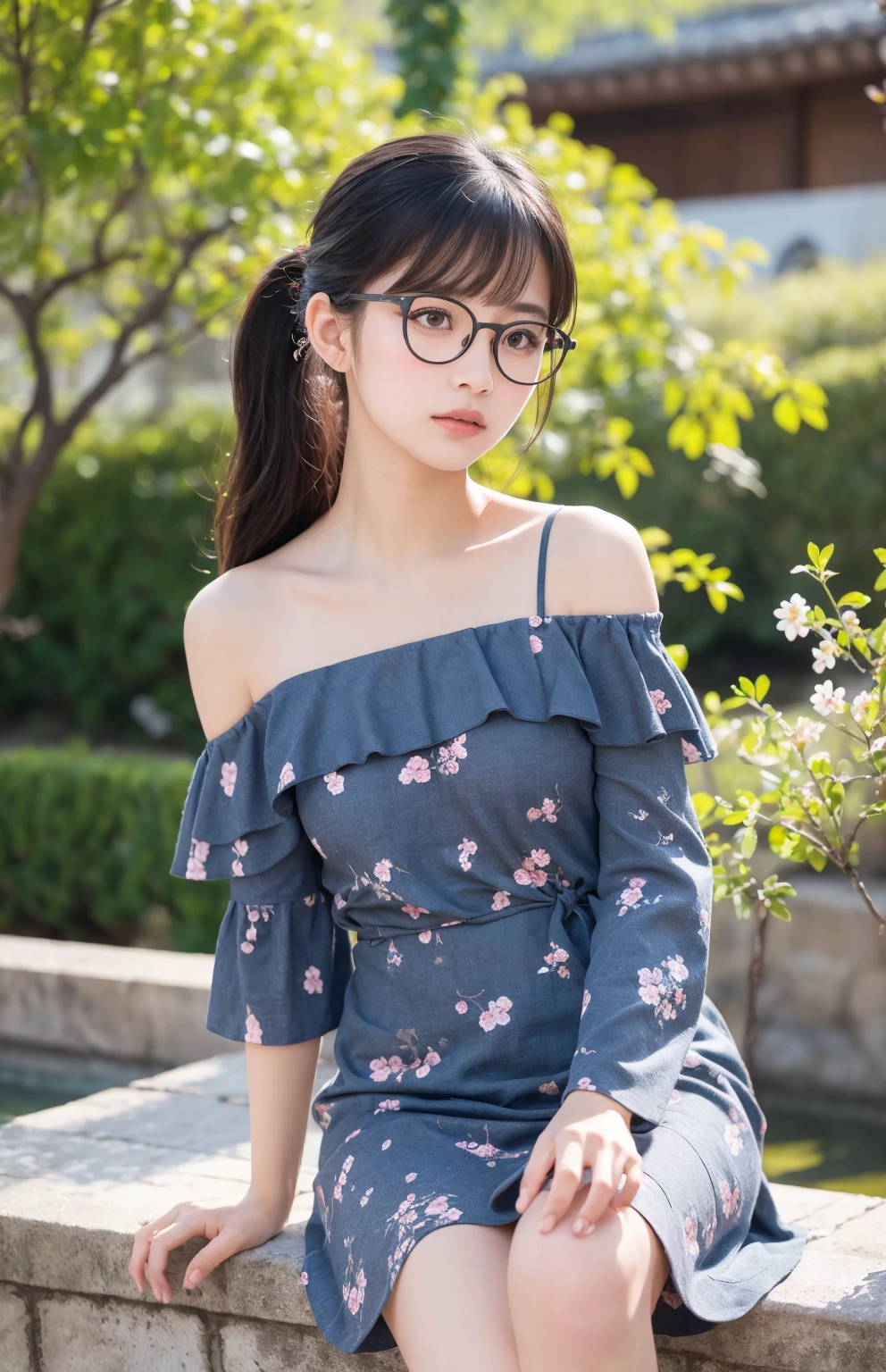 (masterpiece, best quality:1.1), (8k, raw photo, photo realistic:1.2, f22), (shiny skin), detailed skin,long hair,detailed face, detailed eyes, smile,BREAK, real world, intricate details, smil, BREAK, 1girl, (Polka dot pattern,skirt,blue,Glasses), BREAK, (city:1.4), BREAK