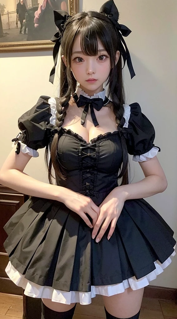 Black hair, Long hair, ta Hair Band, Torogao, POV, Cowboy Shot, nffsw, masutepiece, Textured skin, 4K、Sexy costume、maid clothes、falda corta、Wide open crotch、pantyshot、beauty legs、Loose chest、Open chest、cleavage of the breast、downbrouse