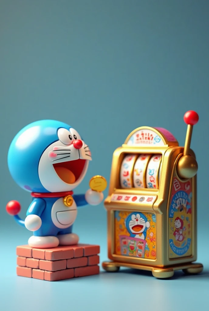 A whimsical and charming 3D illustration of Doraemon, the beloved robotic cat, playfully interacting with a miniature slot machine. Doraemon stands on a small brick pedestal to the left of the slot machine, holding a golden coin in his outstretched hand, seemingly about to insert it. The slot machine is detailed with vibrant colors and Doraemon-themed graphics, featuring images of Doraemon and Dorami. The background is a soft, dark blue, drawing focus to the brightly colored scene. The overall style is cute, cartoonish, and evokes a sense of fun and nostalgia. The lighting is soft and even, highlighting the textures and details of the characters and the machine.