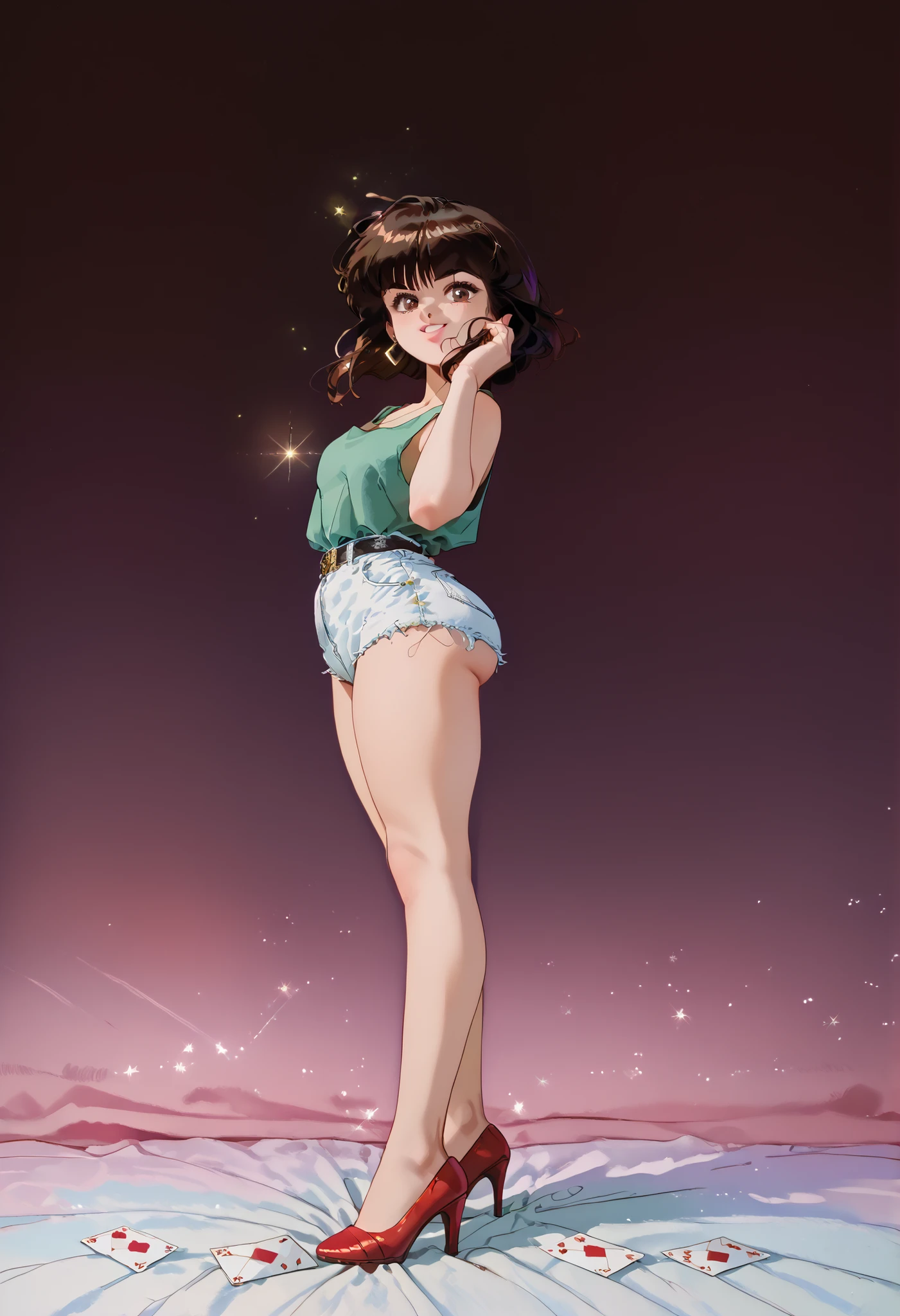(( masterpiece)), envelopes, ultra Detailed , looking at the spectator, intricate details , rich colors, sharp focus , Volumetric lighting , dramatic atmosphere , nabiki having, brown eyes, nabiki, looking at the spectator, 8K, 4k, particles of light , , detailed eyes, bedroom background , Alone , cut bob, Tendou Nabiki, red heels, neckline, seductive pose , white panties, night time, Alone , (show legs), ((wide hips)), ((piernas anchas), piernas perfectas,, (((full body))), ((cabello cafe)),brown_eyes, green_tank_top, white_shorts, 1girl, alternate_ass_size, ass, earrings, elf, huge_ass, jewelry, looking_at_viewer, looking_back, smile,(show legs), ((((wide hips)))), (((piernas anchas))), piernas perfectas,, (((full body))), solo, teeth, shadow, contrast, glow, (tsuruse:1.0),, masterpiece, detailed, best_quality,