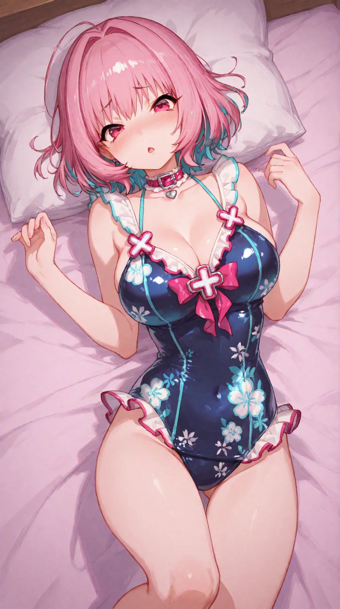 1girl,maruyama aya,{{bang dream!}},{{official art}}, highly detailed,best quality, clear lines,slightly large breasts, censored, mosaic censoring, seductive smile, fun,open mouth, solo focus, sweat, looking at viewer, bangs, collarbone, seductive smile, fun,anime visual of a cute girl,anime best girl,bangs, looking at viewer,breasts,official artwork, offcial art, official artwork, high detailed official artwork,looking at viewer, solo focus,maid bikini,maid headdress,high exposure,(navel :1.2),lying,bed,twintails,thighs,pink hair,pink eyes,solo,only maid bikini,(high exposure :1.2),(mimonel_style :0.5)
