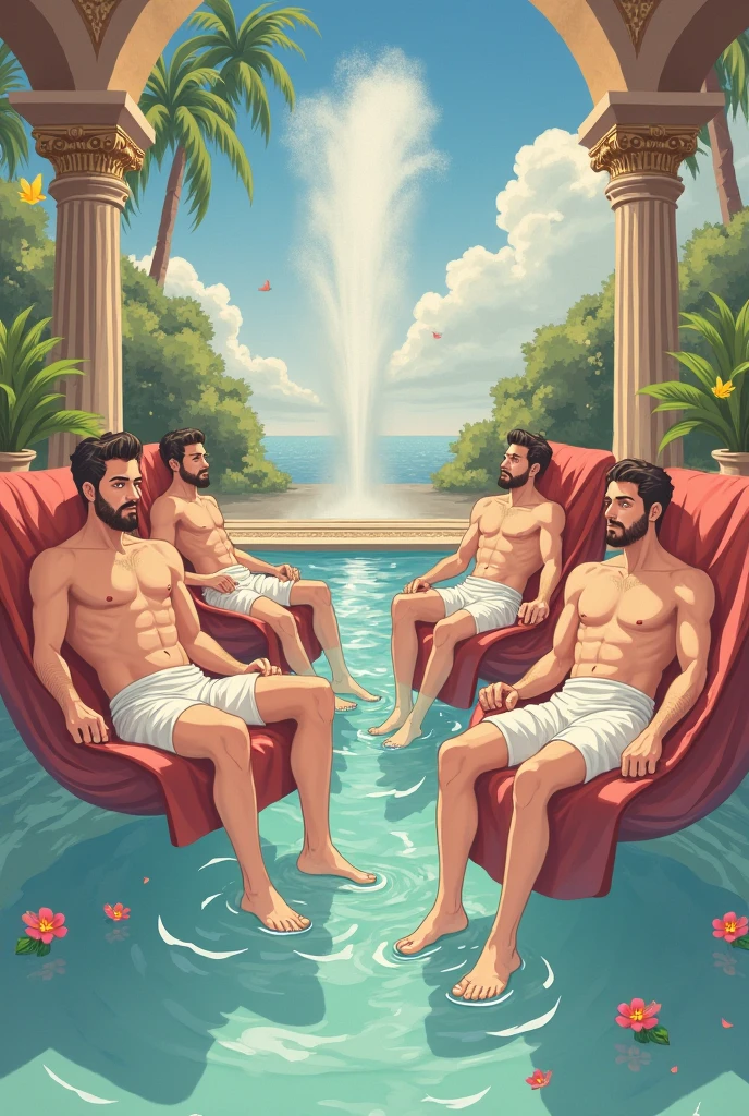 A man with a masculine face, pinkish white skin, a structured body, panties pink, curly hair , 
 very handsome sitting on a golden throne with two other young men beside him with chains around their necks like the devil card in the tarot