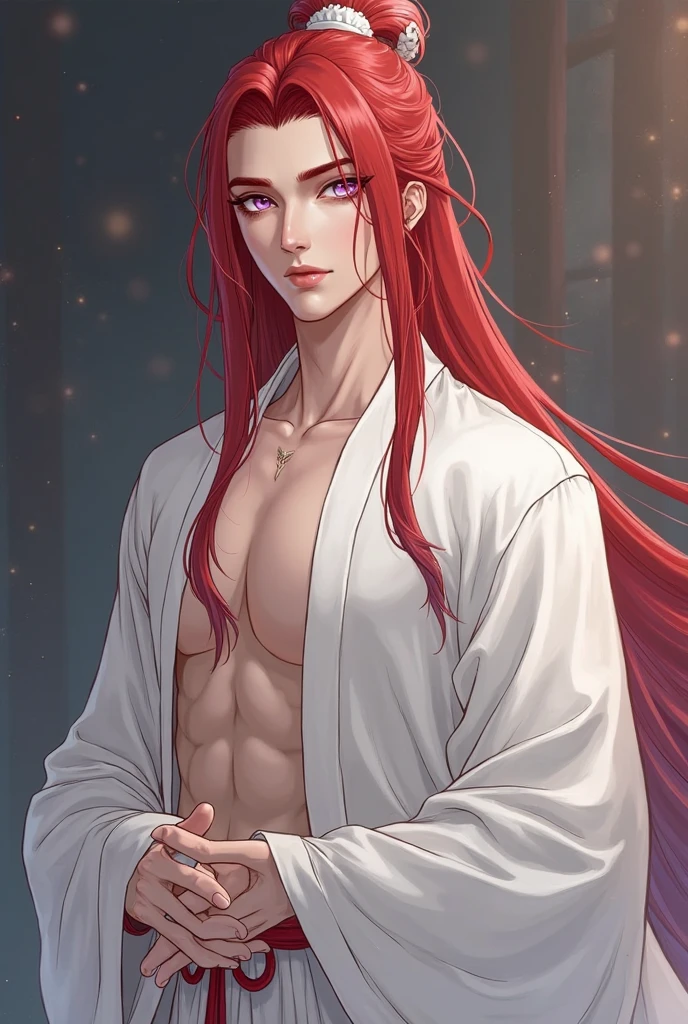 (hyper-realistic digital illustration), (perfect face:1.1), (high detail:1.1) like renaissance art, one extremely handsome male elf (naked torso) wearing micro orange g-string, mage long red robes, clean shaved, front view, lying on his back, holding legs raised, athletic body, (white skin), bare chest, flat chest,(long orange hair scruffy ), serene expression, small waist, muscular. best quality, high-resolution