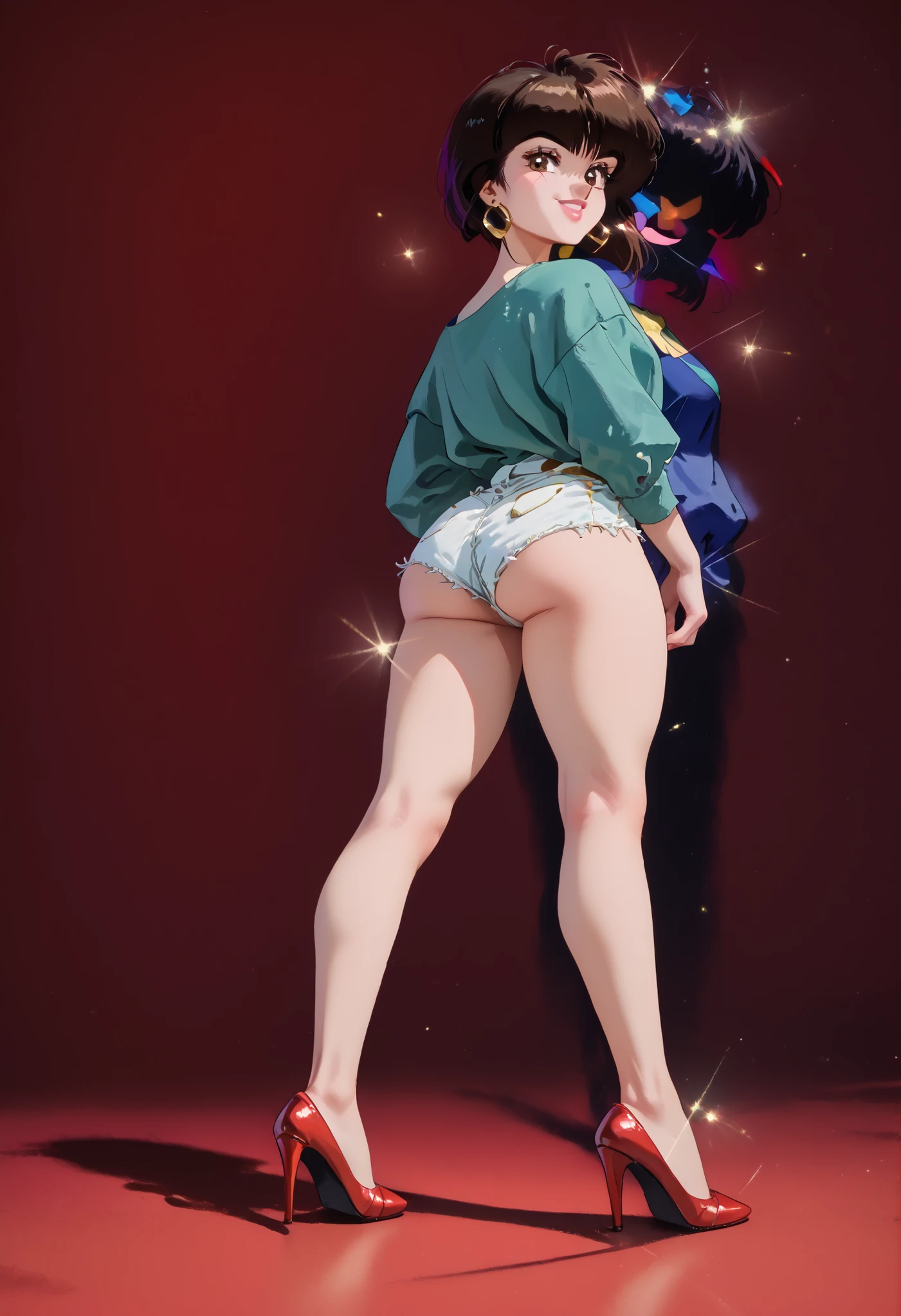 In blue skinny denim shorts,pink shirt,plump ,The back is adorable,Full length photo disappears.,Plane trees,In the beautiful sun