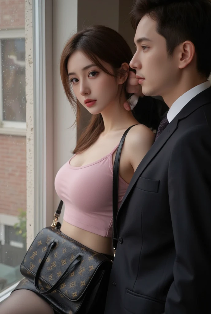 The skinny young man is holding the slightly chubby beautiful woman's hand