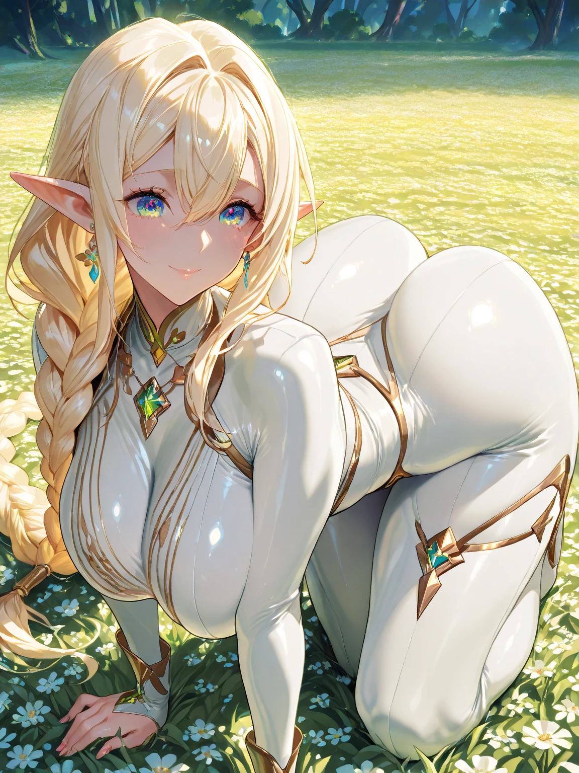 highest quality、Ultra-detailed、Solo、One Woman、elf ears 、blonde、Long-haired、Cleavage,transparent green clothes、(((High Leg Armor)))、beautiful blue eyes 、curvy,seductive smile,maternal,back viewer,ass,naughty face