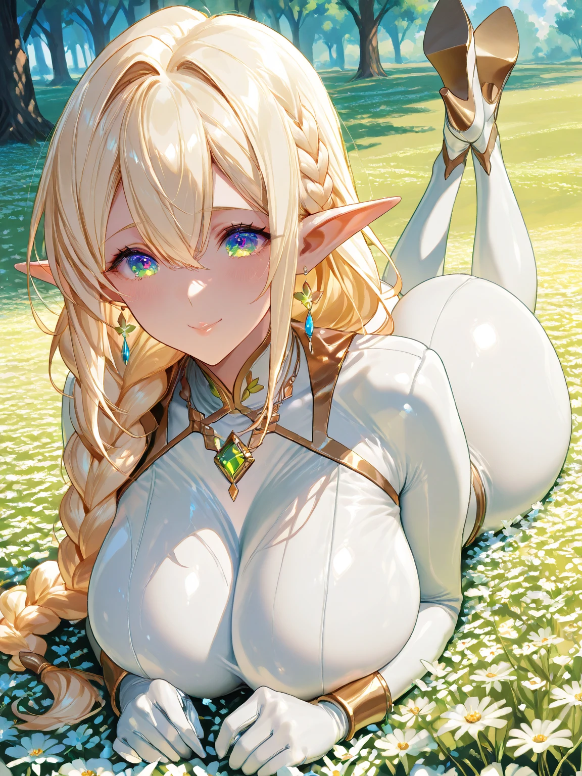 Highest quality, masterpiece, Ultra-high resolution, female、Big Breasts、Beautiful Elf、200 years old、Dancer、際どいDancerの衣装、I was pinned down on the cobblestones of a dark alley、I understand what&#39;s going to happen next.、Lying on your back、View from above、Enlightened look、Blonde、Green Eyes