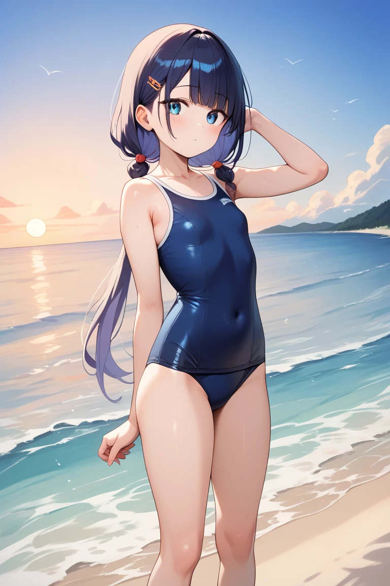 masterpiece, extra limbs, 1girl,8years old, black straight hair, tareme brown eyes, (((delighted))),(wet), ((white school swimsuit)),wariza,arms behind head,beach ,high angle,pov
