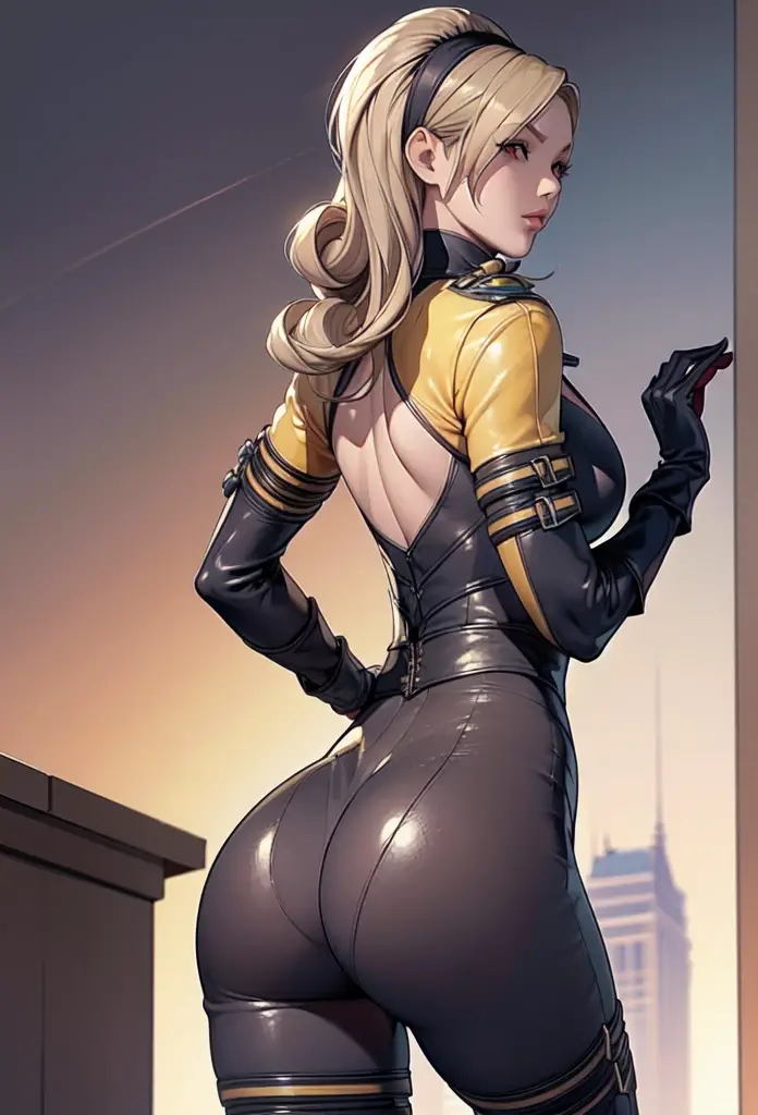 (best qualityer))), (((manga strokes))),(((yellow))),  (((back view))), (((perfect ass))), muscle woman yellow knight, metal panties with spikes, medieval albino girl, Barbed wire garter belt, breasts covered with a metallic chest protector, black hair with moths and yellow highlights, long ribbon-garter, chains wrapped around the arm, metal gloves, great sword, medieval castle, fitness body, blood, nude belly, coxas nuas (((manga style))), violent, Manic, muscled body, thin but strong, perfectbody, armor black, ornate metal sleeves, Intricate look with a huge medieval castle