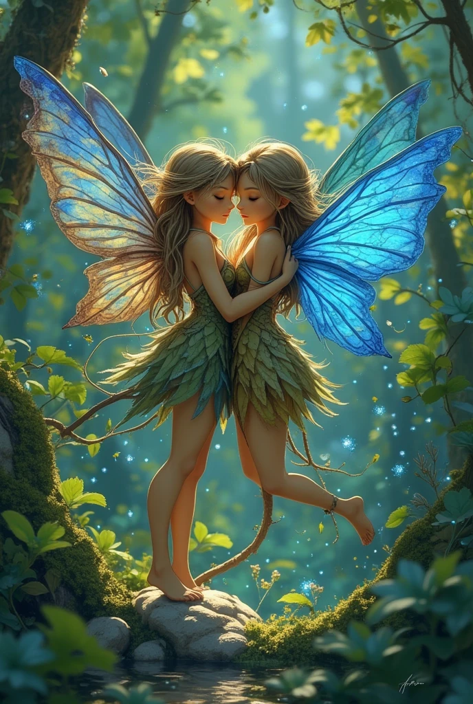 Two friendly fairies hugging each other