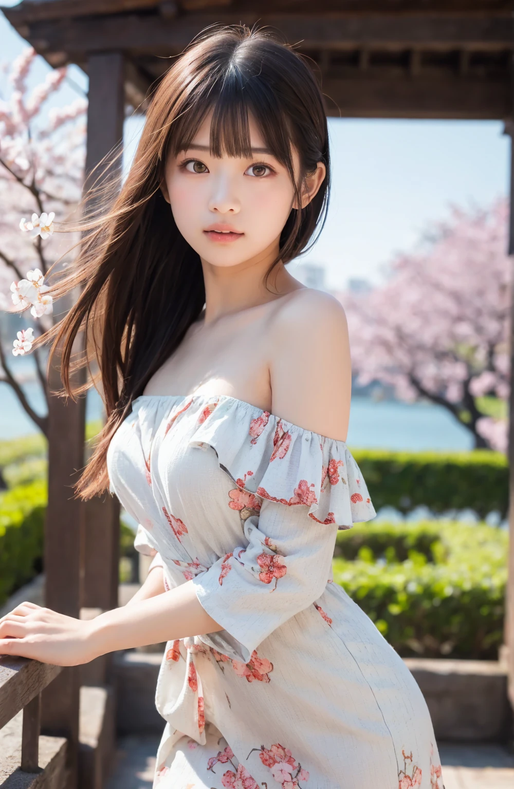 Tabletop、Highest quality、 Very detailedな、High resolution、8k wallpaper、Perfect dynamic composition,、summer、summerの空、新緑のsummerの公園、Beautiful attention to detail、Tabletop,Highest quality,Very detailed,In detail,High resolution,In 8K,((Realistic:1.4,RAW Photos,超High resolution,Best image quality:1.4))、high school student、18-year-old、thin、Small face、Cool gaze、Brown Hair、Beautiful breasts、Straight bangs、Bob Hair、Flower Hair Ornaments、Light blue yukata with floral pattern、Tree-lined avenue with fresh greenery、