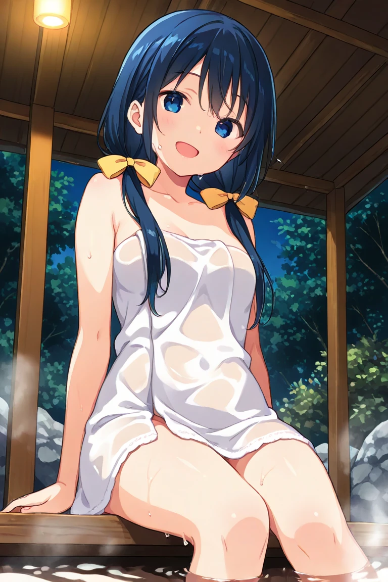 yukimi, ., long hair, blunt bangs, flat chest, expressionless, red eyes, shy, (one-piece tan, full nude)pple, pwet body hair, fullbody, blue sky, in onsen, smile, open mouth, reverse upright straddle, from above,