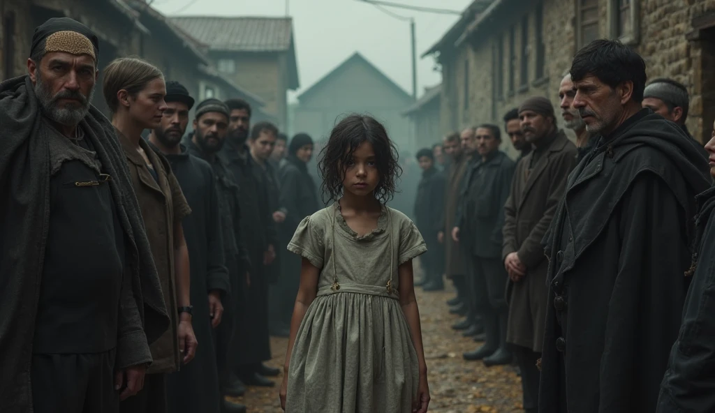 A pirate girl is executed by the british soldiers in the pirate era. She is barefoot and in a poor ripped clothing.