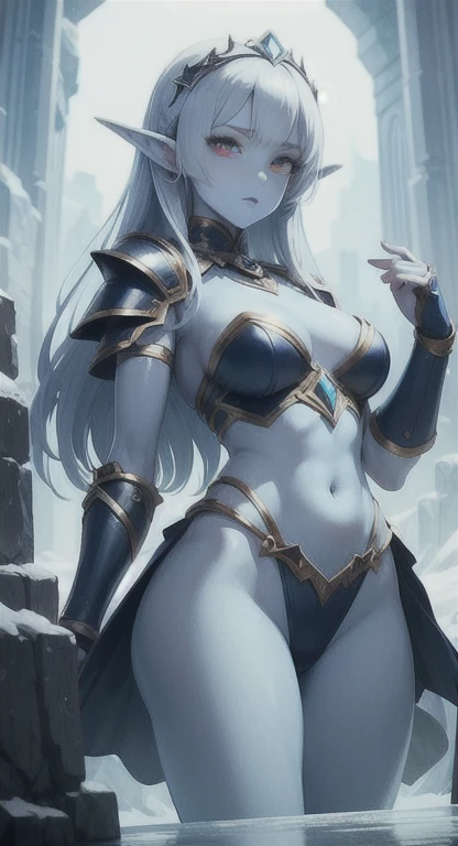 (masterpiece, best quality), intricate details, 1girl, sylvanas_windrunner_aiwaifu,colored_sclera,(blue_skin,colored_skin:1.1),red_eyes,glowing_eyes,large_breasts,long_hair,undead,glowing,pointy_ears,blonde_hair,elf,lips, black_sclera, edgVB, wearing edgVB, cleavage, underboob, sideboob, midriff, bikini, chains, tassel, blue skin, gray skin,