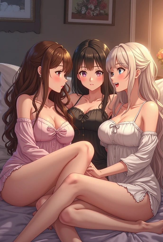 ((highest quality)), ((masterpiece)), (3 girls:1.5), Three cute girls are posing for the camera on the bed。, (In the middle of the night), (shirtを持ち上げる:1.3), (three people standing in a row), (Close-up shot from the waist up), (open your mouth and smile:1.3), (topless), nipple, hair band, head band, hair bobble, blouse, shirt, (high resolution face), (high resolution fingers), Asian, Westerners, silver hair, brown hair, blonde, (belly button), jewelry, looking at the viewer, necklace, long hair, short hair, (abs),