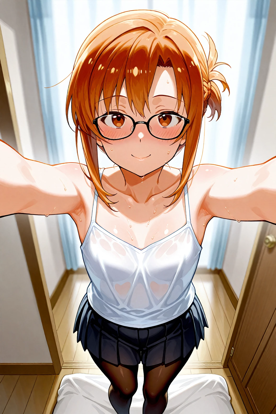 (nsfw:1.5),(((masterpiece))), (((best quality))),((masterpiece:1.5)), (best high quality), (ultra high res), (ultra highly detailed), (8k:1.3),(anime colored),perfect hands, perfect fingers, perfect legs,(cowboy shot,from front),1woman,idolmaster, (hina araki) ,(20years old, beautiful girl), (beautiful brown eyes),(((beautiful orange hair))), (((midium waviy hair))), (wet hair),(ahoge),(glasses), (wet skin), (flat chest,large breast), (slip,no makeup, sweaty body),(no bra),(no panty),(pubic orange hair:1.3),((1man and 1woman,having sex)), top down bottom up, BREAK looking at viewer, (hetero:1.5), ahegao, open mouth, orgasm, cum, (sweat:1.3), (realistic:0.25),