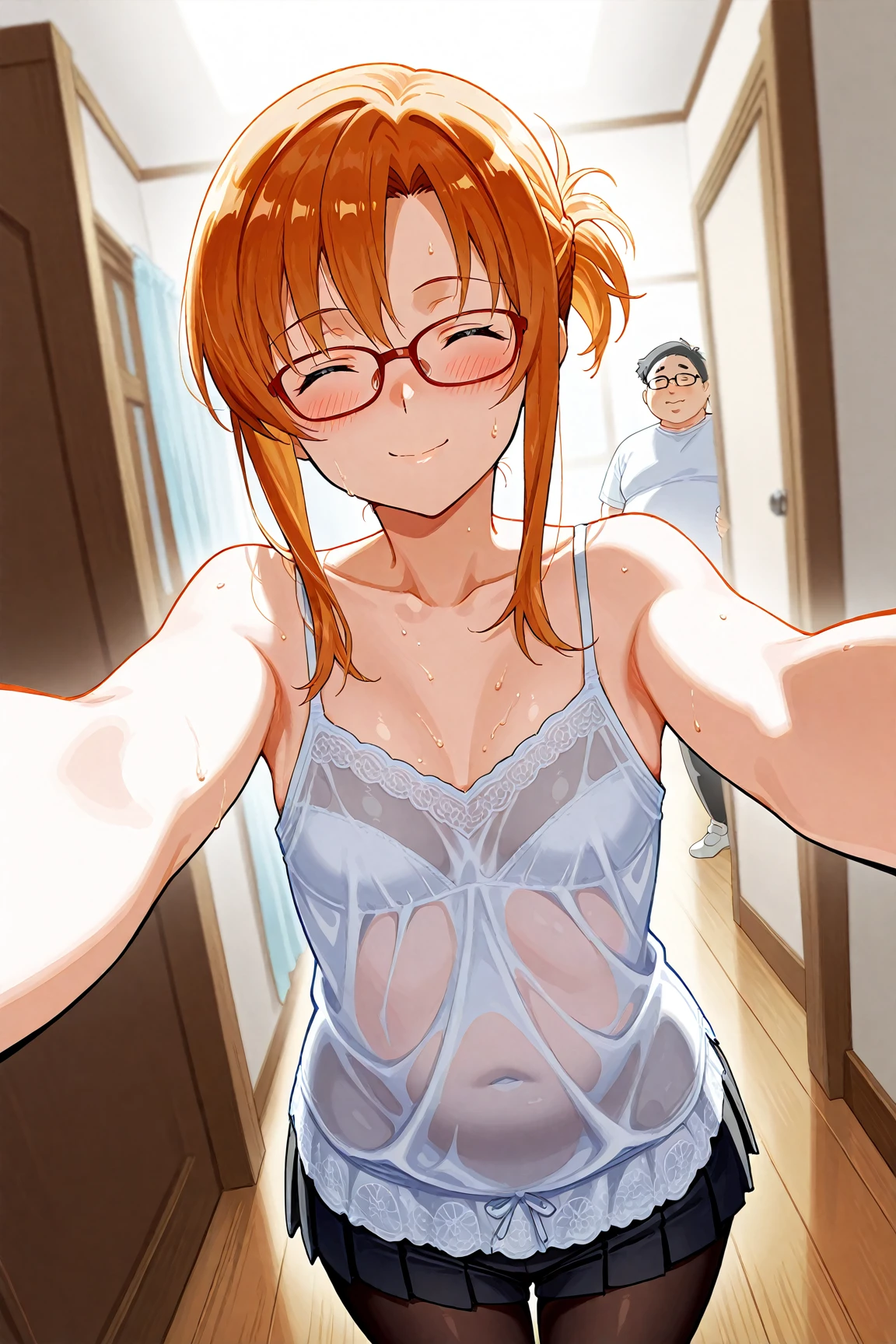 anime girl with glasses and a towel on her chest, asuka suit under clothes!, touching her clothes, at pixiv, (sfw) safe for work, with glasses, top rated on pixiv, makoto shinka, oppai, seductive anime girl, thicc, by Kentaro Miura, painted in anime painter studio, marin kitagawa fanart, Closed eyes, High quality drawing, a masterpiece