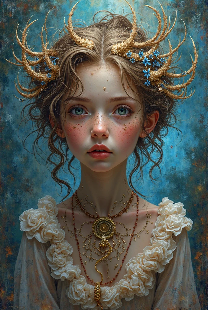 daydreamer girl with a body anchored to the earth, colorful, intricate detail decoration, symetrical body and face