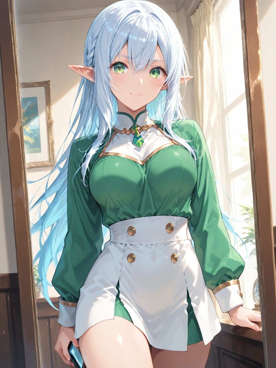 Frieren , anime, 1girl, ass, bra, thighs, silver_hair, twintail_hair, frieren, (frieren: Beyond_journey's_end), light_green_eyes, elf, big_breasts, tight_shorts 