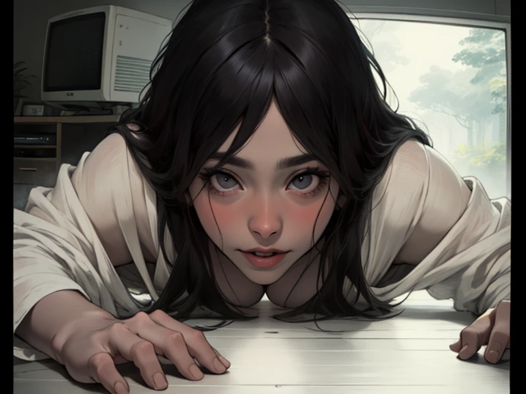 (masterpiece:1.3), (8k, Realistic, RAW Photos, highest quality: 1.4), ((One Japanese woman, Sadako)), Beautiful Face, (Realistic Face), (Black hair straight, Long Hair:1.5), ((Long Bangs:1.3)), Beautiful hairstyle, Realistic eyes, Beautiful fine details, (Realistic Skin), Beautiful Skin, ((Pale skin:1.4)), Absurd, Charm, Ultra-high resolution, Ultra-realistic, Very detailed, Golden Ratio, ((Giving a blowjob)), ((Mouth open)), ((Looking up)), ((Frowning)), NSFW, ((deep throat:1.2, fellatio), (cum on face:1.2), (cum on mouth:1.1), ((Close-up of face:1.3)), BREAK ((1 male, 1. Thick penis:1.2)), (projectile cum:1.1), (excessive cum:1.2), (steam:1.2), BREAK ((A dark four-and-a-half-tatami Japanese-style room in the middle of the night)), Side view