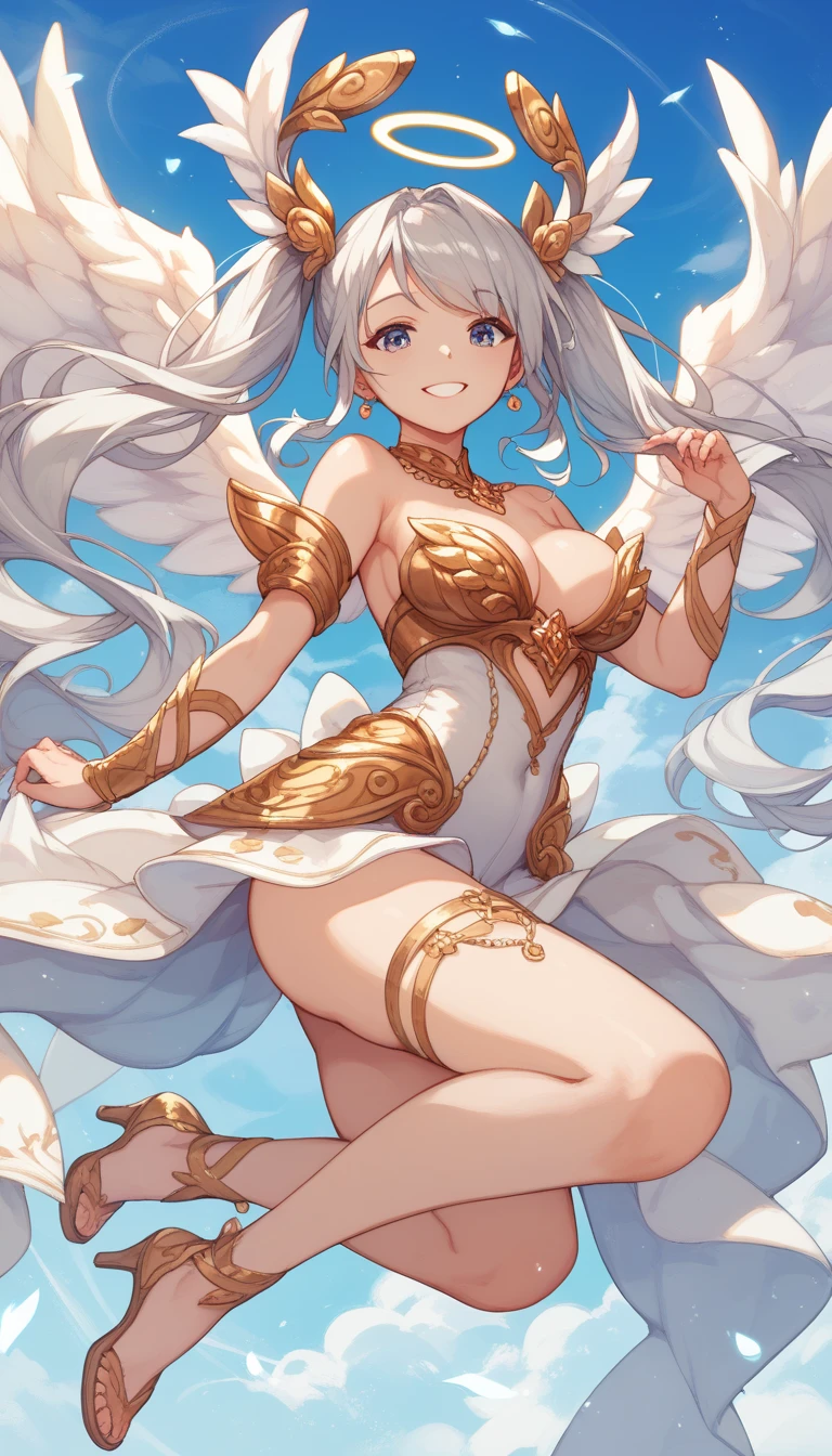 (((I want a dragon woman alone, fair skin, long white hair with hairstyle, cold blue eyes, slightly curvy body, medium breasts, wearing pretty dress)))