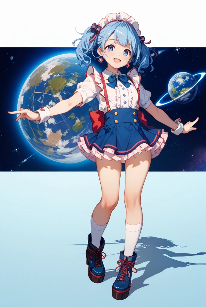 (( best qualtiy, 8K, tmasterpiece :1.3)), ((A beautiful woman with a perfect figure :70.2, ))((Slender abs :12)), ((Huge bust:70.5)), 二重まぶた,CatEarHeadphones,((Leg line:3)),Thick thighs,big breasts thin waist,High socks,lightblue hair,Absurdly long hair,Qi bangs,black sock,Long stockings,blue color eyes,frontage,full bodyesbian,ssmile,long leges,longer sleeves,round frame glasses,White sailor suit,Red sailor collar,a black pleated skirt,Black leather shoes,blue color eyes,Embrace the Milky Way,Close up,in the cosmos