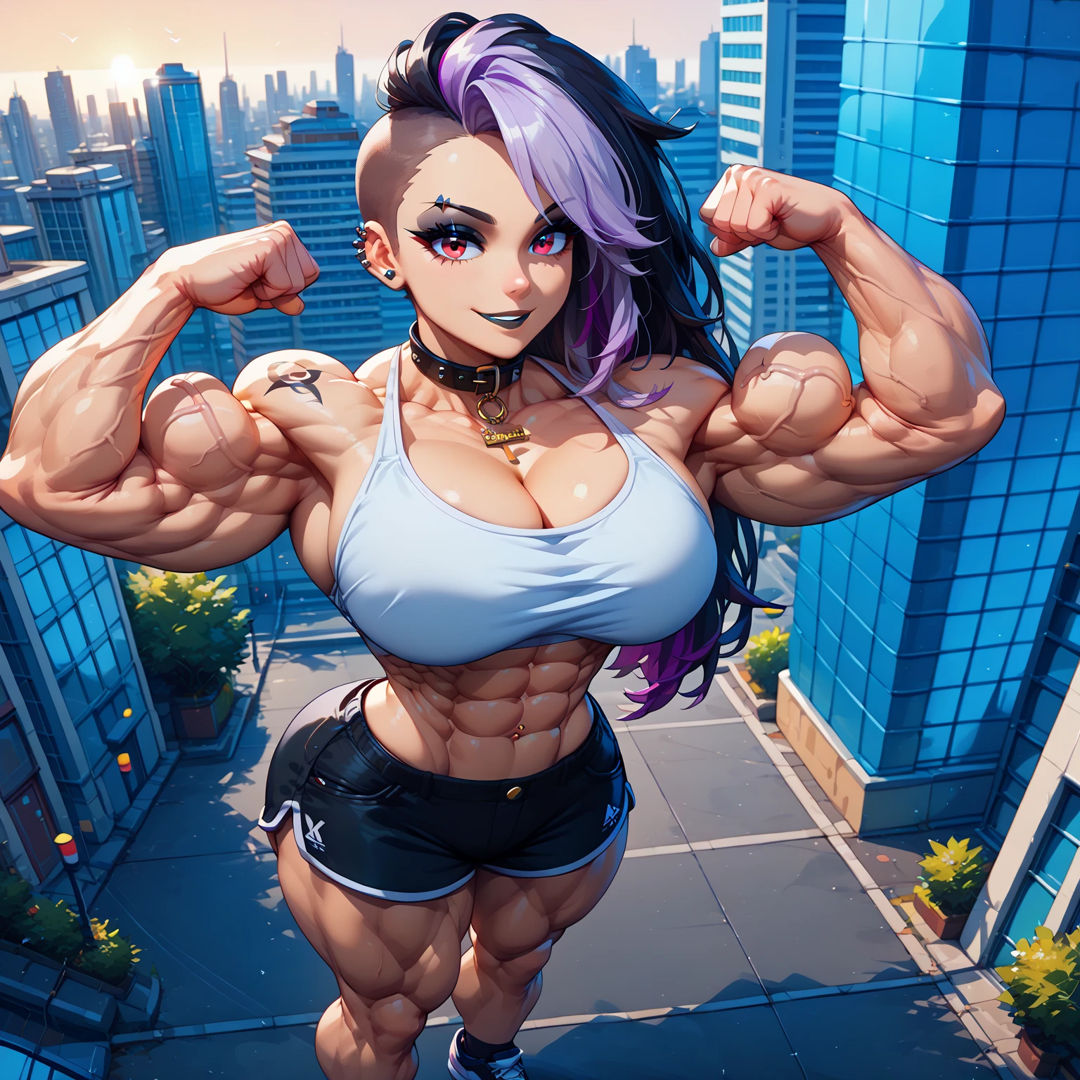 Best quality, solo mature woman, giant breasts, giant ass, very curvy, long ponytail curled at the ends, aqua green eyes, full lips, seductive, smiling, pink tank top, tight blue jeans, sun necklace, sun earring, thick thighs, curvy physique, ((((huge muscles))))