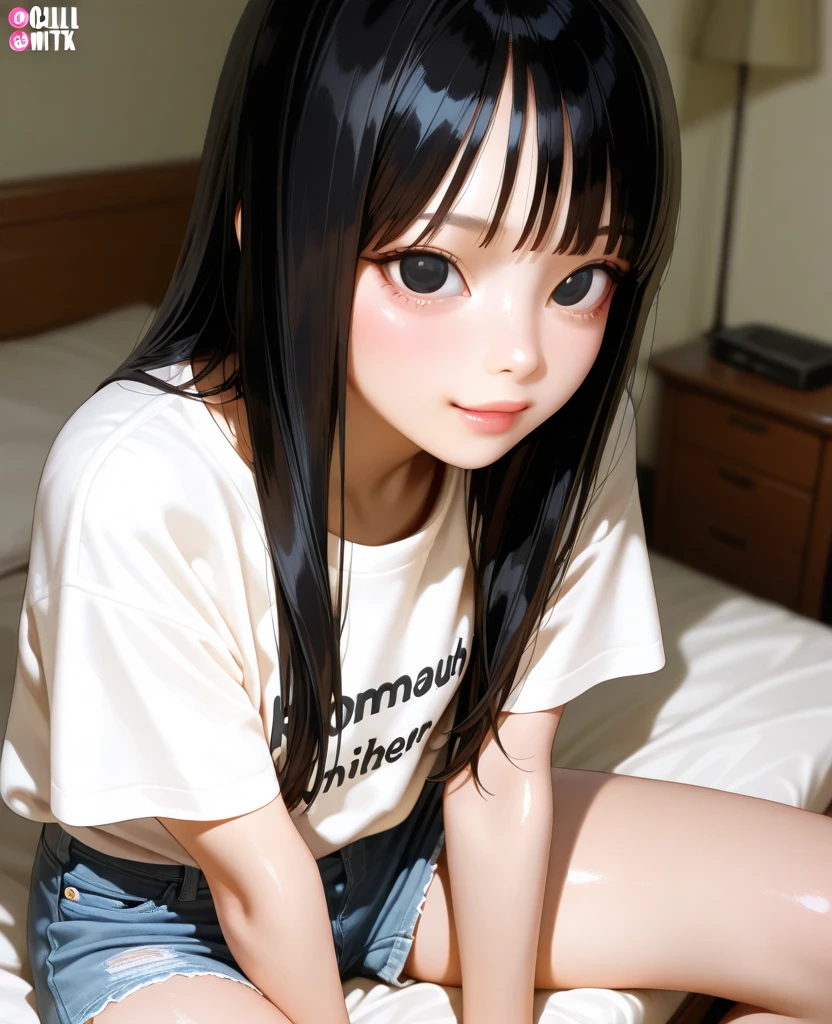 Sitting on a black sofa,looking ahead,from above,side view,face focus,open mouth,tongue out,(1girl,Beautiful 14 year old girl),((Slender,Small breasts,Baby Face,Small face,)),looking at viewer,Black Hair,bangs,two side up,Gray Eyes,Drooping eyes,slit pupils,narrow eyes,ollarbone,white t-shirt,off-shoulder look,bare shoulder,Denim mini skirt,Beautiful and detailed anime art,Mischievous smile,Dimly lit room,Simple Background,Gray background,Low lighting
