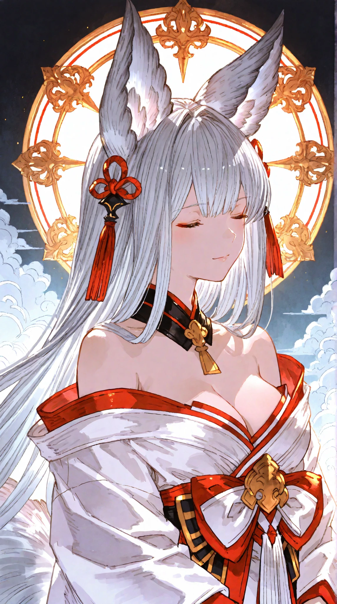 Kami, the Goddess of Order, Life, Creation, Light, and Alpha
Clothes:
Kami wears a traditional white kimono with intricate gold trim that symbolizes purity and divinity. The kimono is designed to highlight her divine figure, with a low neckline that reveals a hint of cleavage and a high slit that exposes her thigh. The sleeves are long and flowing, giving her a graceful and ethereal appearance. The gold accents add a touch of regality, emphasizing her status as the goddess of creation and light.

Appearance:
Kami has long, flowing white hair that cascades down her back in soft waves, shining with a radiant glow. Her golden eyes are warm and inviting, exuding wisdom and kindness. Her skin is fair and flawless, with a soft, heavenly glow that adds to her divine presence. Her lips are painted a deep red, which contrasts beautifully with her pale complexion. Her overall appearance is serene and calming, embodying the essence of order and life.