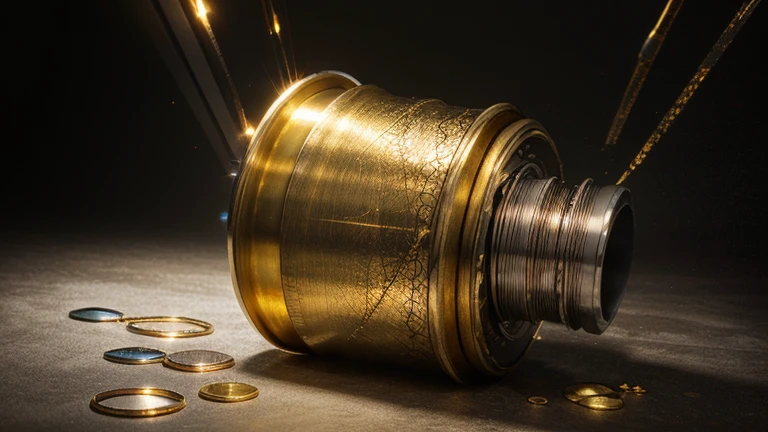 Gold coin details with landscape pictures,The engraving is very detailed,etching render,A carved work with a delicate texture,The landscape is full of charm,Detailed picture detail,Japanese woodcut style,Engraved textures are realistic,The art of precise detailing。