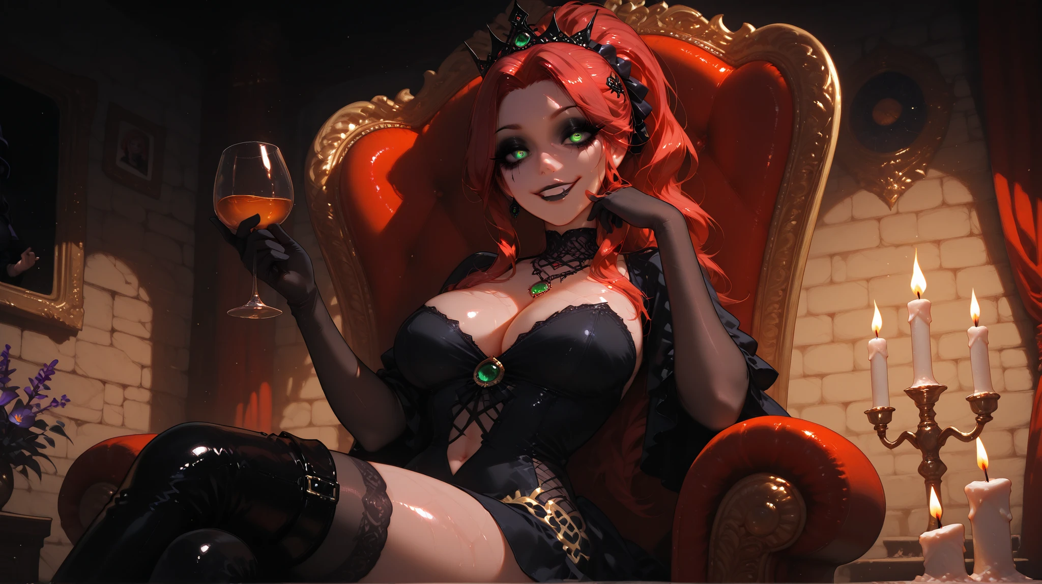 malty s melromarc (tate no yuusha) a woman in a cosplay outfit holding a cup and a candle holder in her hand and a candle in her other hand, sitting on an armchair,mansion,and a light, 1girl, solo, unrivaled beauty, standing, black eyeshadow, thigh boots, crown, black dress, necklace , black gloves, black lips, cleavage, goth fashion, minidress, large breasts, green eyes, red hair, ponytail, necklace, pendant, midriff, shiny skin, evil smile, evil look on their face, psychopathic smirk , psychopathic smile , creepy smile grimdark, hair ornament, clothing cutout, ufotable, facing_viewer , (beautiful detailed eyes), Through TV Screen, Another Dimensional Space, yandere, horror \(theme\) , dark room , Cracked screen, Textured eyesStylistic eyes, perfect hands, perfect face,anime eyes, douyin eyes, detailed eyes, high detail eyes, multicolored iris, detailed iris, full lashes, dark lashes,(highly detailed), shiny_skin,intricate, vivid eyes, crystal eyes, detailed eyes, long eyelashes, beautiful eyes, beautiful face, beautiful hair