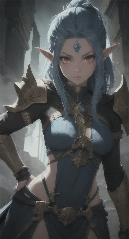 elf woman, light blue glowing eyes, cold expression, proud posture, chest up, black skin, red crotch tattoos, white tied hair, exposed chest, exposed shoulders , showing her navel and thighs, looking up at the camera, with sweat on her body, her wet body, in a medieval inn.