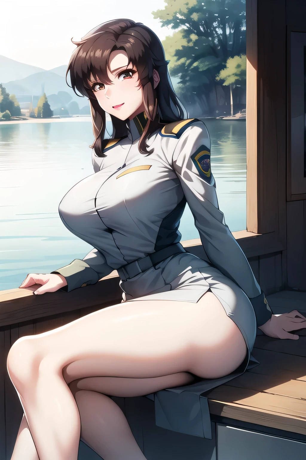 Can you draw a girl resting on the lakeside of a lake,Clear Skies,I need a face,Please draw with a gentle smile,Accurate representation of hands and legs,High Heels, black leather micro mini skirt , wearing miniskirt police uniform ,その仕事は1people々々々々々々That's enough,40歳大people々々々々々々々 Sexy Women,police uniform, Please draw her expression more delicately,足を広げて Dark Blue Pantiesを見る,(draw a more delicate expression),(police uniform),( A black leather miniskirt that rubs his chest )( Dark Blue Panties ),that job is great, I need it for work、 No need to cut his face,but、I was surprised, don't prepare her face for work ,Yellow Shirts, He's wearing a miniskirt, , I'm a woman close to 40 years old、I'm drawing , , Big Breasts, thin waist , , ,I'm a woman close to 40 years old、I'm drawing , people々々々々々々々々 her hands and feet are accurately depicted