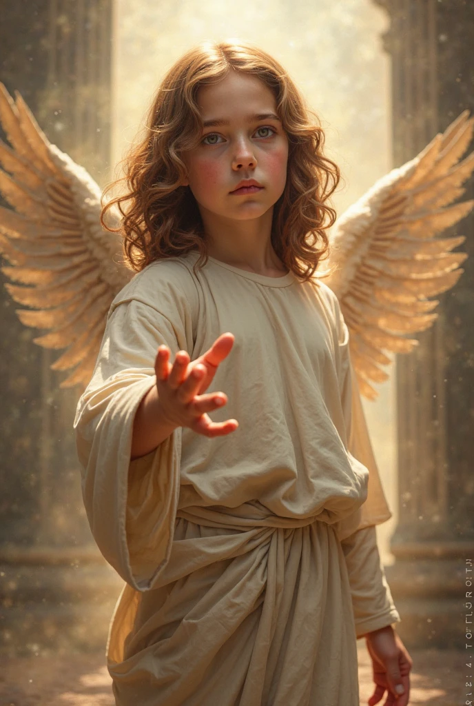 Design in portrait format a baby standing and praying with medium brown hair and Roman warrior armor, including angel wings and in gray and gold tones