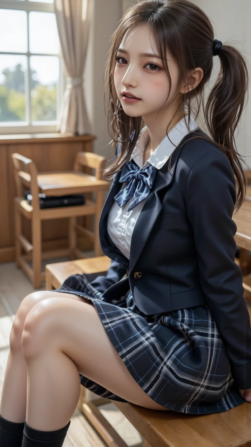Super fine、8k、muste piece、(RAW photo:1.4)、High resolution、((Composition gradually moving away from the subject))、((Full body photo from face to ankles))、((perfect anatomy))、Bend forward and place your hands on your knees、1 female 14 years old、detailed skin、glowing skin、baby face、double eyelid、long eyelashes、Moist eyes、small face、smile、open your mouth、Neat and clean hairstyle、school hallway、stare out the window、Natural light comes in from the windows、Dreaminess、Japanese school scenery、Have a textbook、middle School girls、A blue and gray school bag slung over my shoulder、、slender and delicate body、small breasts、Blazer uniform with green lines、girls school uniform、plaid skirt、healthy、young female teenager、black tights、black tights、black knee high socks、茶色のloafers革靴、loafers、full body shot、Neat and clean hairstyle、Emphasizes the rather slender leg line