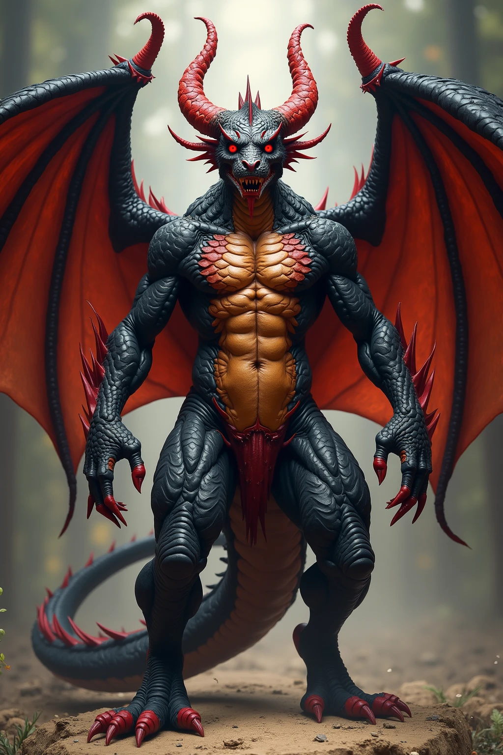 (megan fox), ((((((1 muscular demon girl)))))), (((huge upper body))), long hair, ((((huge demon wings))), (((pale skin))), (((sharp teeth, Huge horns, large nails))), navel, ((((full body front view))))
