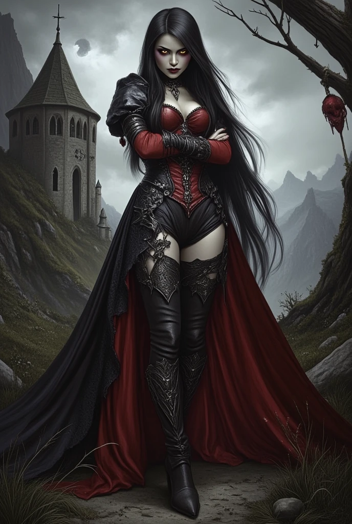 Masterpiece, best quality, Artstation, (by Frank Frazetta, by Simon Bisley, by Luis Royo, by H.R. Giger, by Ashley Wood, by Bill Sienkiewicz, by Ryan Meinerding, by Ian McQue, by Syd Mead, by Frank Frazetta, by Joseph Michael Linsner), ((Medium Close Shot)), ((Full Body shot)), ((Beautiful Female evil vampire queen with glowing pale skin, bright red eyes, ruby red lips showing sharp fangs, long black flowing hair, wearing intricate gothic looking leather and lace frock coat in red and black and corset with thigh high stockings and tall riding boot, red flowing cape, standing with arms folded under , in ruined elven gazebo standing on a peak, foreboding looking dark mountain landscape with small crescent moon & wispy dark clouds in the background at night)), ((dynamic pose)), ((Volumetric lighting)), ((Subtle lighting)), ((Good Highlights)), ((Perfect Proportions)), ((Painting in Oil)), ((Painterly)), (Illustration), (stylistic), (dynamic), (intricate), (complimentary colors), (Professional), (Award winning), (photorealistic:1.5), (detailed face), centered,