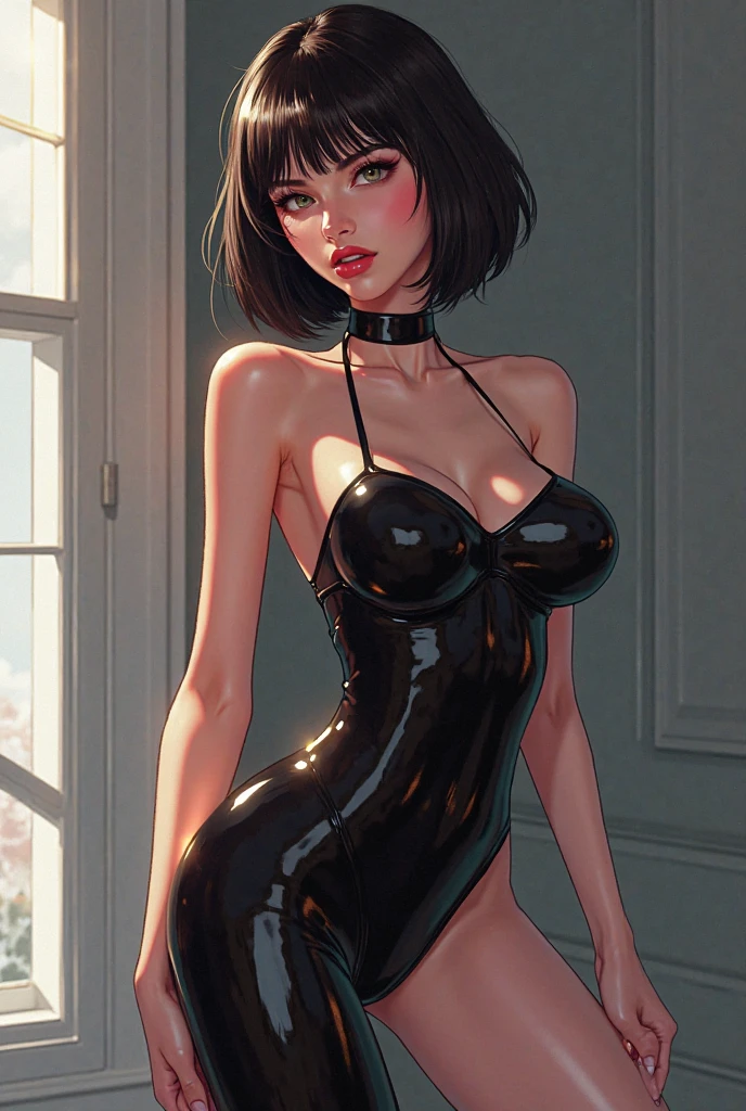 photo of mlp Meowko, RAW, beautiful woman, ((portrait)), ((detailed face:1.2)), ((anime face, anime facial feature, clear skin, glossy anime lips, clear skin), (short messy lesbian haircut, brunette: 1.55), (perfect proportioned body, Strong, muscular, narrow waist, narrow hips, skinny, large breasts), (she is wearing A sheath style shinny black leather dress, side slits, side boob), hands behind head, dancing I got a old brick dance studio, (realistic photo, best quality, detailed), (8k wallpaper), (cinematic lighting, beautiful light, (afternoon:1.3)) (sharp focus, intricate)